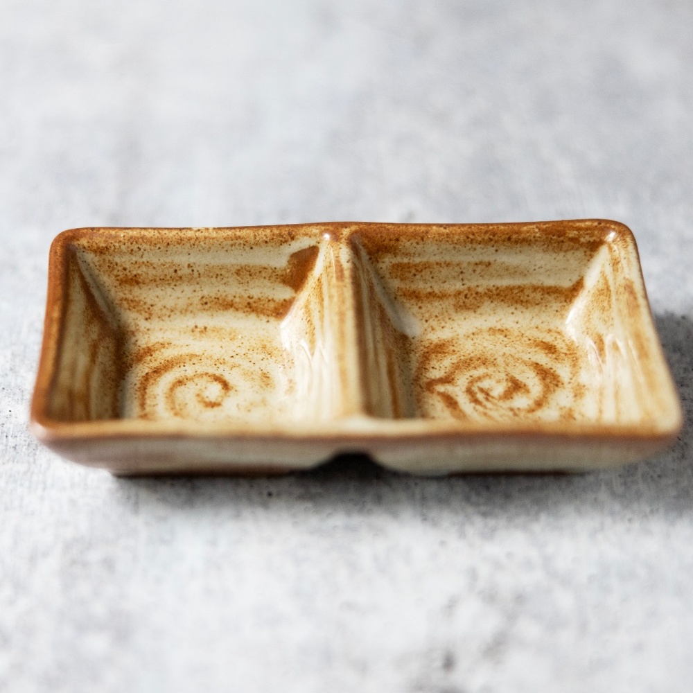 Brown clay pottery divided soy sauce dish swirl design 5.5" x 2.5" unmarked
